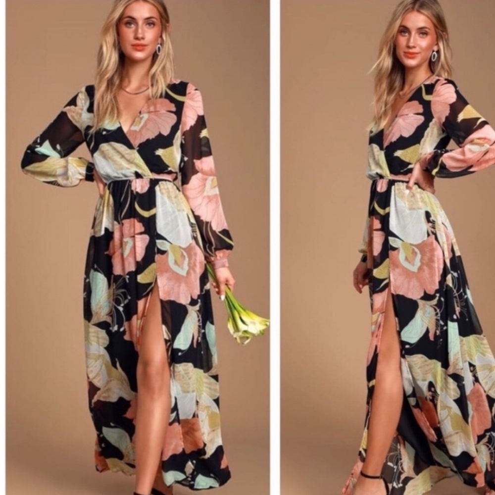 Lulus Wondrous Water‎ Lilues Black Floral Print Maxi Sleeve Dress